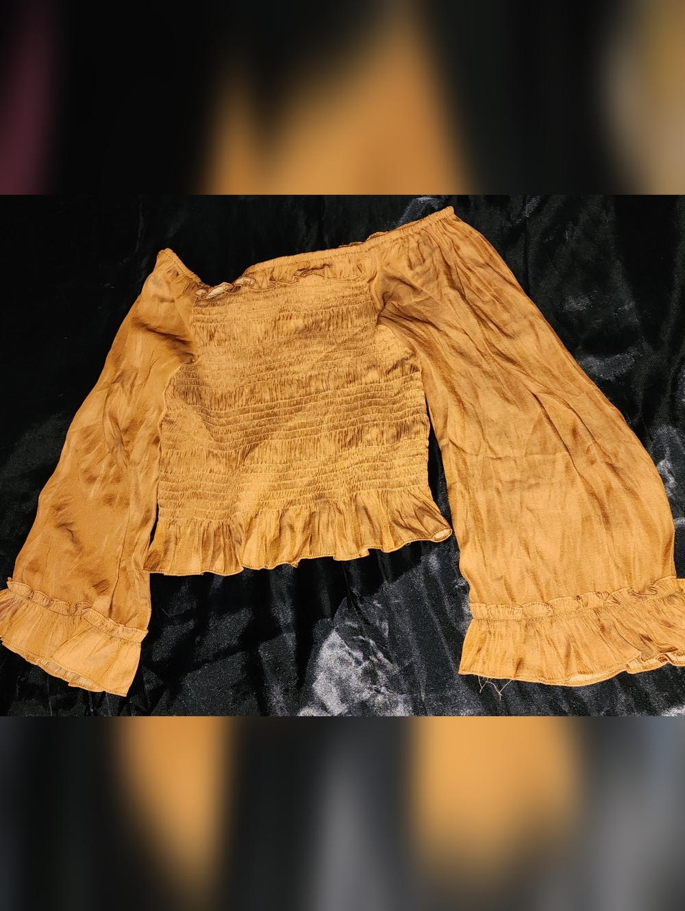 She + Sky Mustard Long Sleeve Smocked Off-Shoulder Top